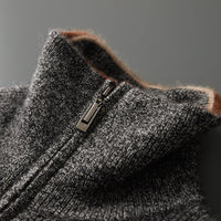Mens High-Neck Ingot-Clasp Cardigan Sweater With Horizontal Stripes And Zipper Closure