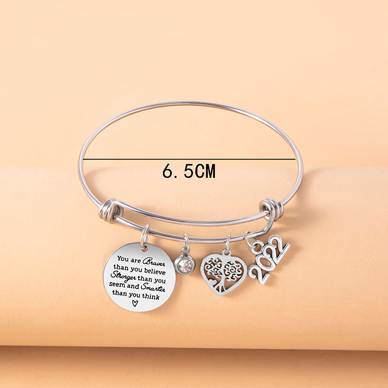 Crystal Heart Tree Of Life Charm Bracelet Inspirational Adjustable Stainless Steel Bangle