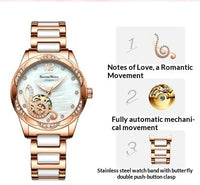 Deyi Bird Wine-Red Note Hollowed-Out Fully Automatic Mechanical Women's Watch