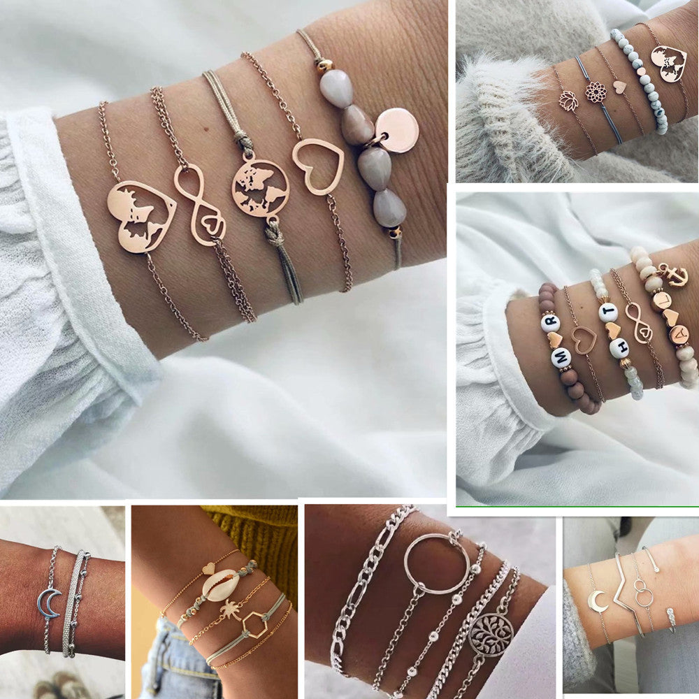 European And American Style Minimalist Braided Beaded Moon Shell Bracelet Set For Women