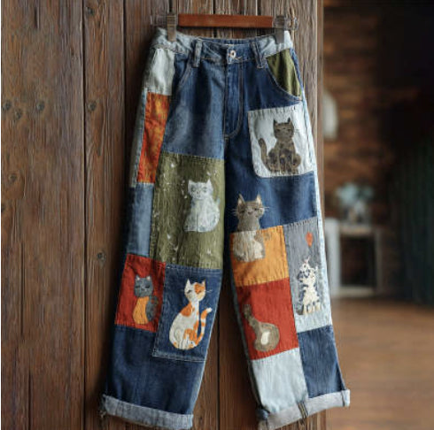 Women Fashion Faux Denim Wide Leg Pants Plus Size Casual Loose Trousers