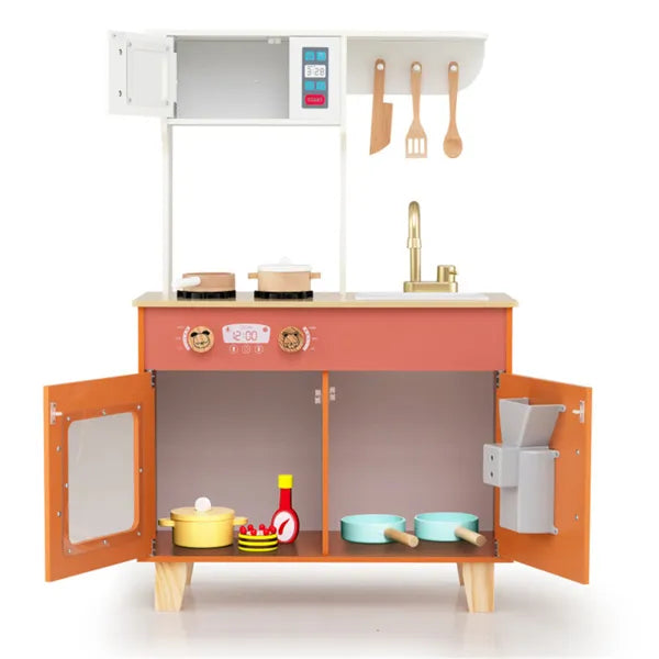 Orange Kids Play Kitchen With Realistic Faucet & Ice Dispenser, Anti-Tipping Pretend Cooking Set For Ages 3-6