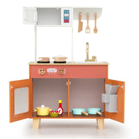 Orange Kids Play Kitchen With Realistic Faucet & Ice Dispenser, Anti-Tipping Pretend Cooking Set For Ages 3-6