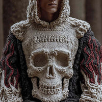 Dark Edgy Printed Pullover Hoodie With A Retro Chunky-knit Sweater