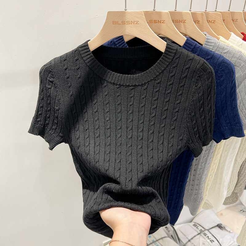 Retro Cable-Knit Crew-Neck Short-Sleeve Knit T-Shirt For Summer