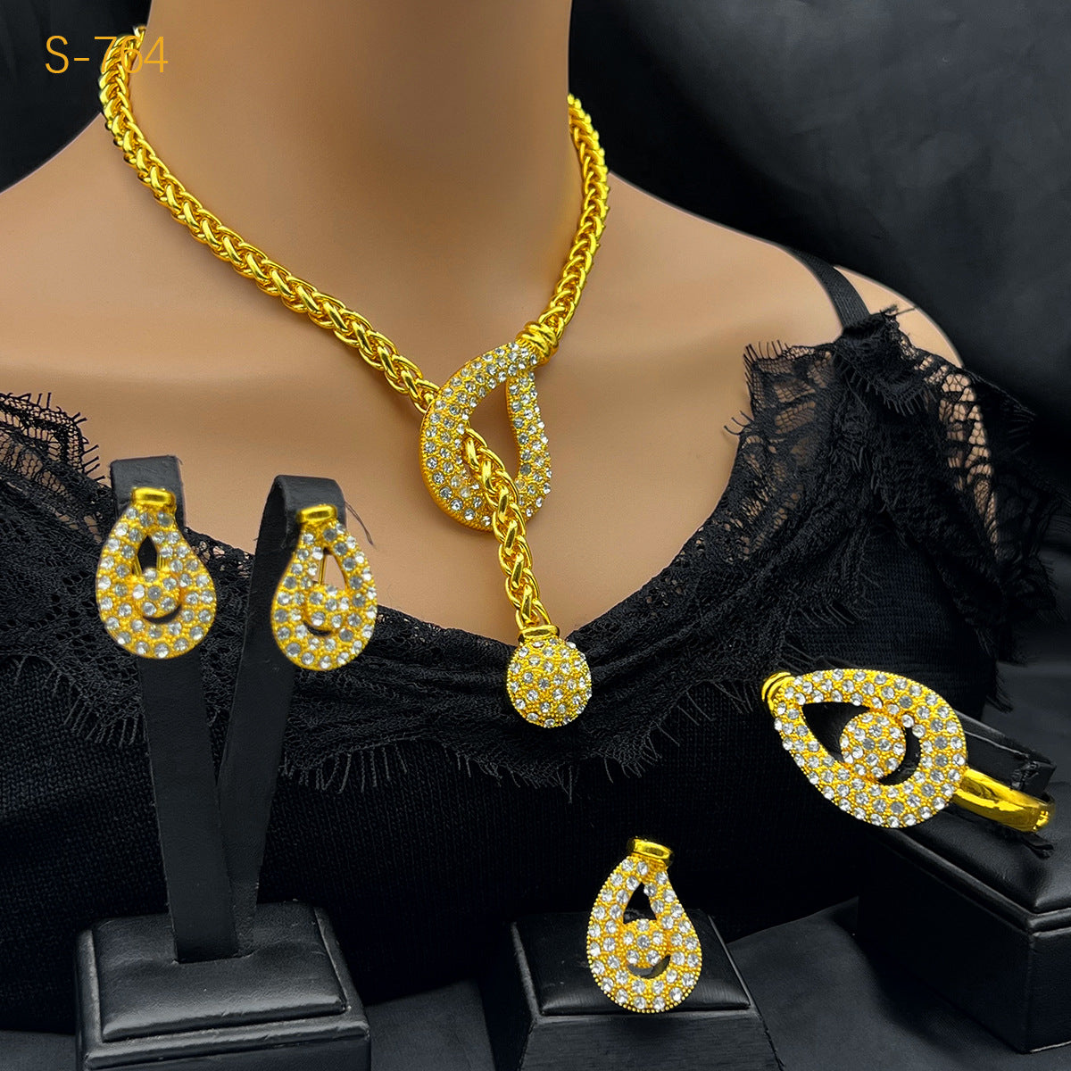 Best-selling Dubai Bride 24k Gold-plated Necklace Bracelet Earring Ring