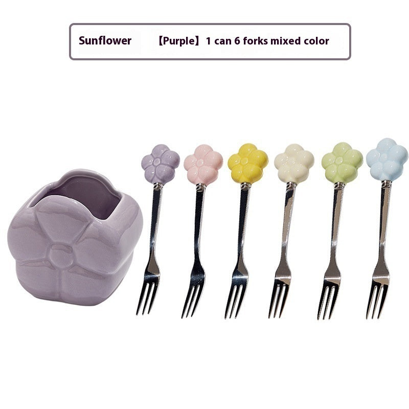 Creative SUNFLOWER Stainless Steel Fruit Fork Ceramic Storage Tank Kitchen Gadgets