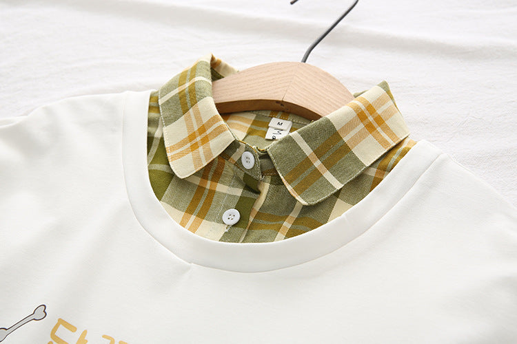 Japanese Check Lapel Long Sleeve Fake Two Piece Sweatshirt