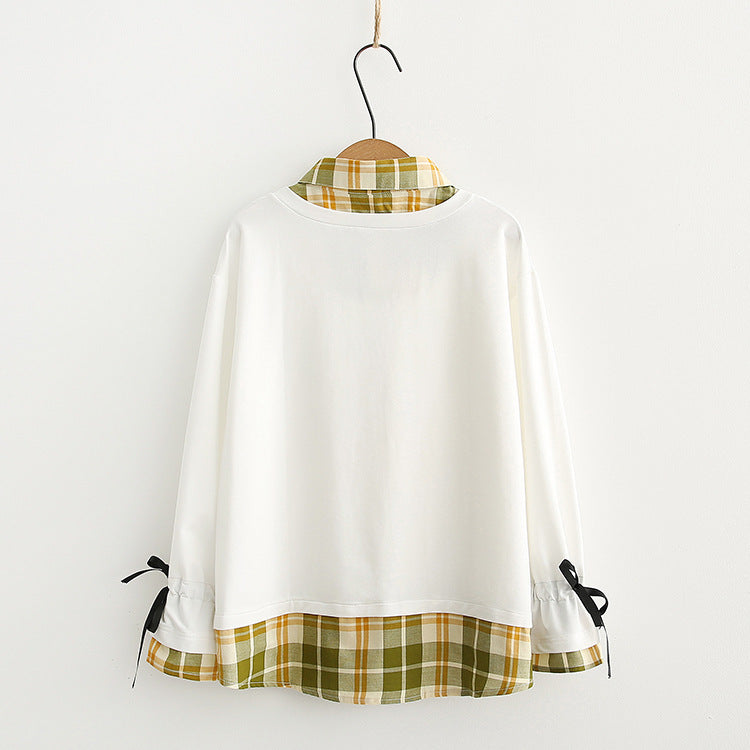 Japanese Check Lapel Long Sleeve Fake Two Piece Sweatshirt