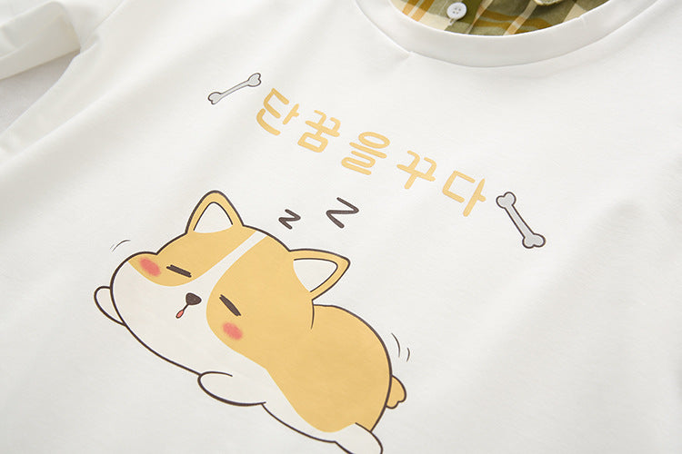 Japanese Check Lapel Long Sleeve Fake Two Piece Sweatshirt