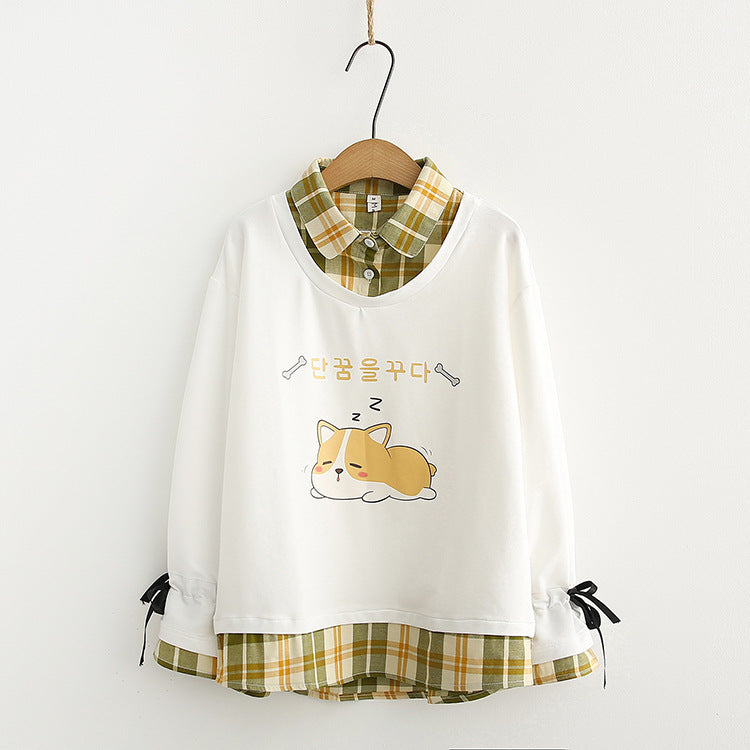 Japanese Check Lapel Long Sleeve Fake Two Piece Sweatshirt