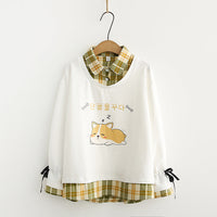 Japanese Check Lapel Long Sleeve Fake Two Piece Sweatshirt