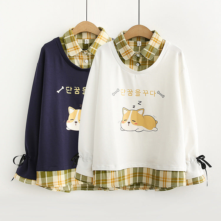 Japanese Check Lapel Long Sleeve Fake Two Piece Sweatshirt
