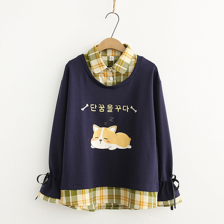 Japanese Check Lapel Long Sleeve Fake Two Piece Sweatshirt