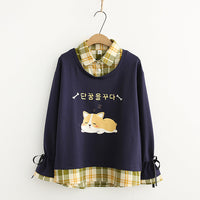 Japanese Check Lapel Long Sleeve Fake Two Piece Sweatshirt
