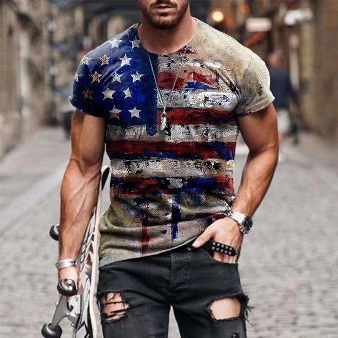 Men USA Flag Print T Shirt Summer Slim Fit Casual Streetwear Short Sleeve