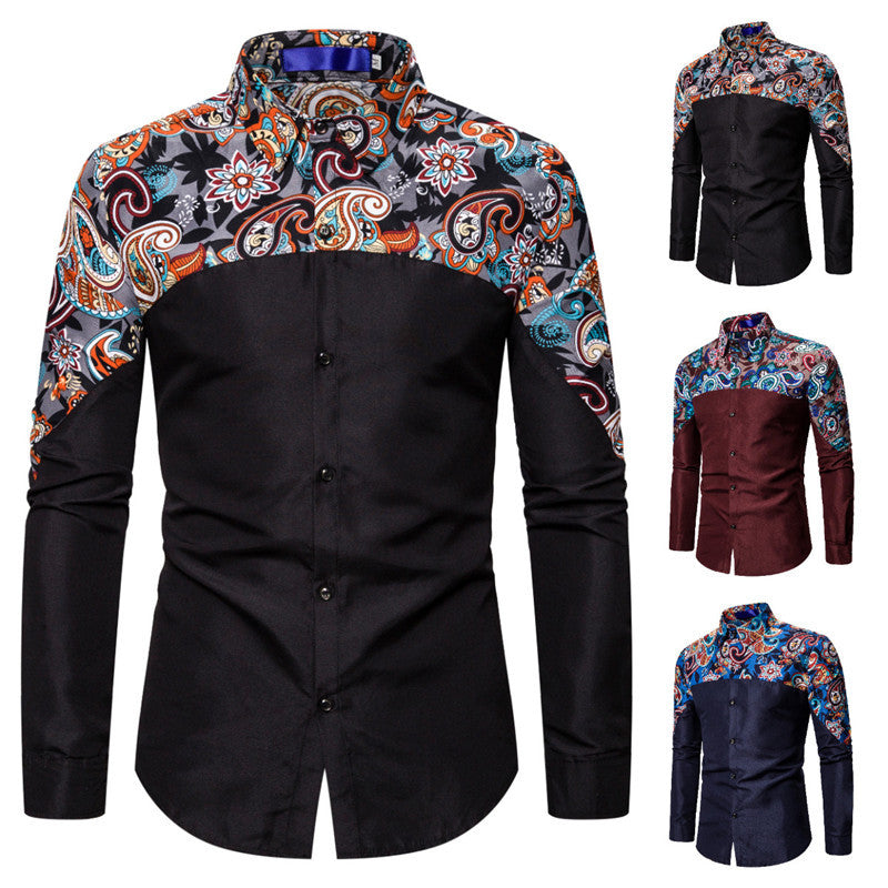 Men's Personality Stitching Cashew Print Long Sleeved Shirt