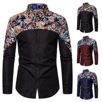 Men's Personality Stitching Cashew Print Long Sleeved Shirt