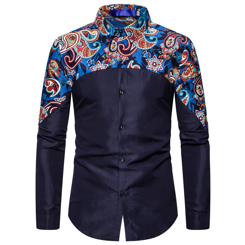 Men's Personality Stitching Cashew Print Long Sleeved Shirt