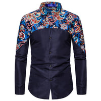 Men's Personality Stitching Cashew Print Long Sleeved Shirt