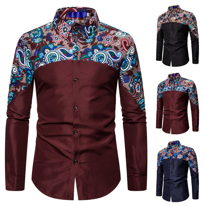 Men's Personality Stitching Cashew Print Long Sleeved Shirt