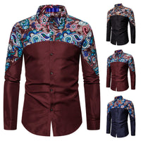 Men's Personality Stitching Cashew Print Long Sleeved Shirt