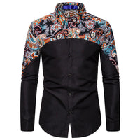 Men's Personality Stitching Cashew Print Long Sleeved Shirt