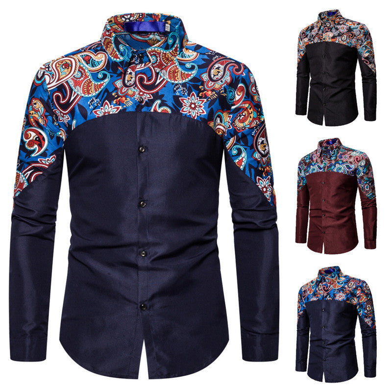 Men's Personality Stitching Cashew Print Long Sleeved Shirt