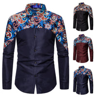 Men's Personality Stitching Cashew Print Long Sleeved Shirt