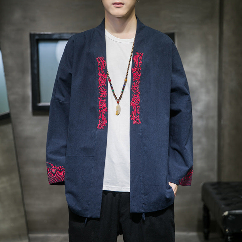 Mens Kimono Cardigan Embroidered Men Jacket Asian Clothes Plus Size Male Yukata Samurai Clothing Vintage Classic Haori Robe 5XL