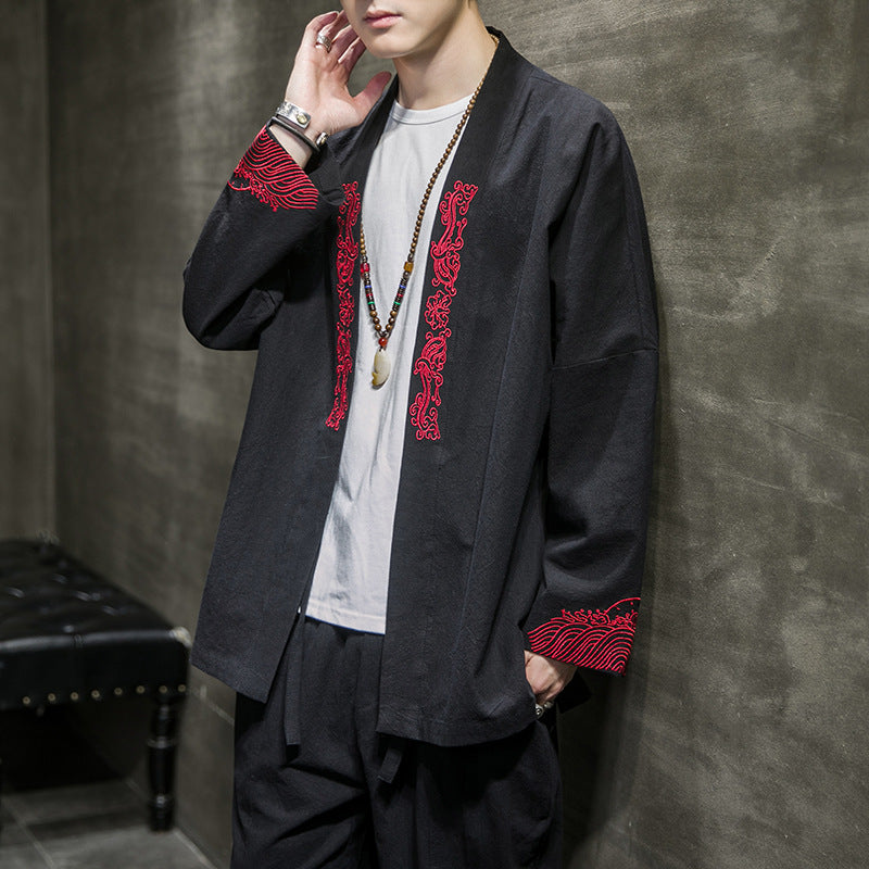 Mens Kimono Cardigan Embroidered Men Jacket Asian Clothes Plus Size Male Yukata Samurai Clothing Vintage Classic Haori Robe 5XL