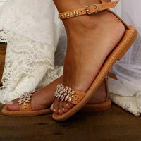 Women's Flat Rhinestone Op En Toe Sandals