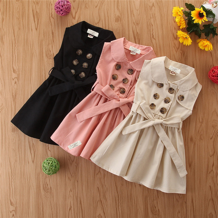 Princess Casual Sleeveless Sash Button Party A-Line Dress Children Clothing 1-6Y