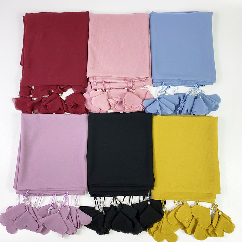 Women's Casual Pearl Chiffon Love Flower Pattern Accessories Baotou Scarf
