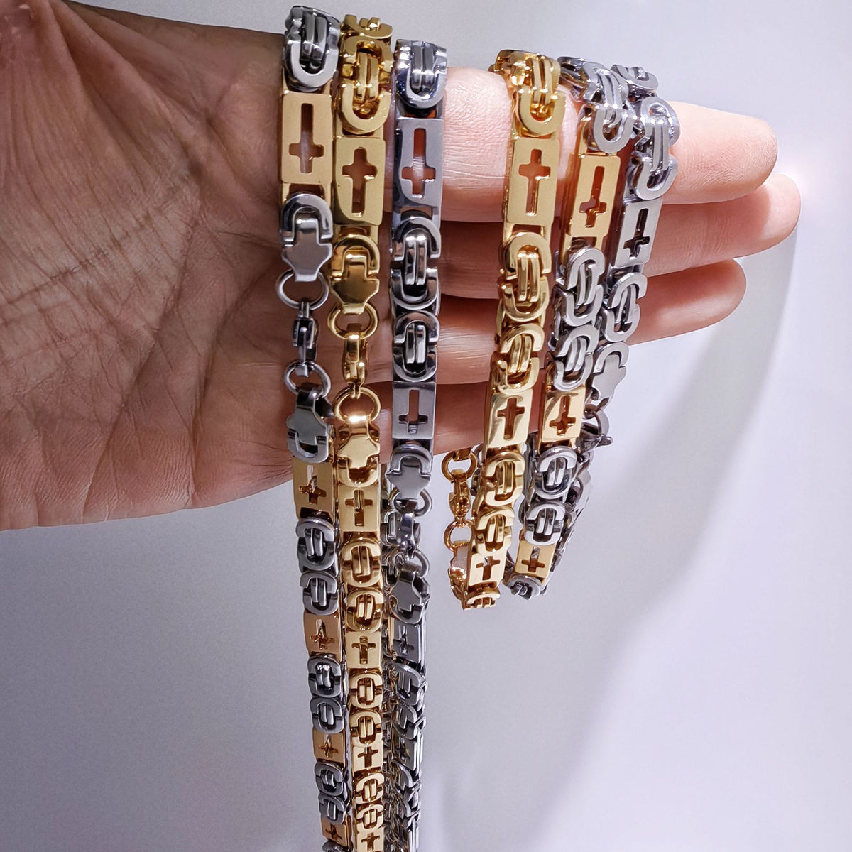 Cross Link Chain Bracelet Necklace Stainless Steel Handcrafted Jewelry Set