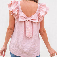 Womens Solid-Color Crew-Neck Sweet Top With Bow-Knot Design