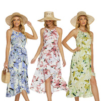 Fashionable Printed Halterneck Sleeveless Lace-Up Dress