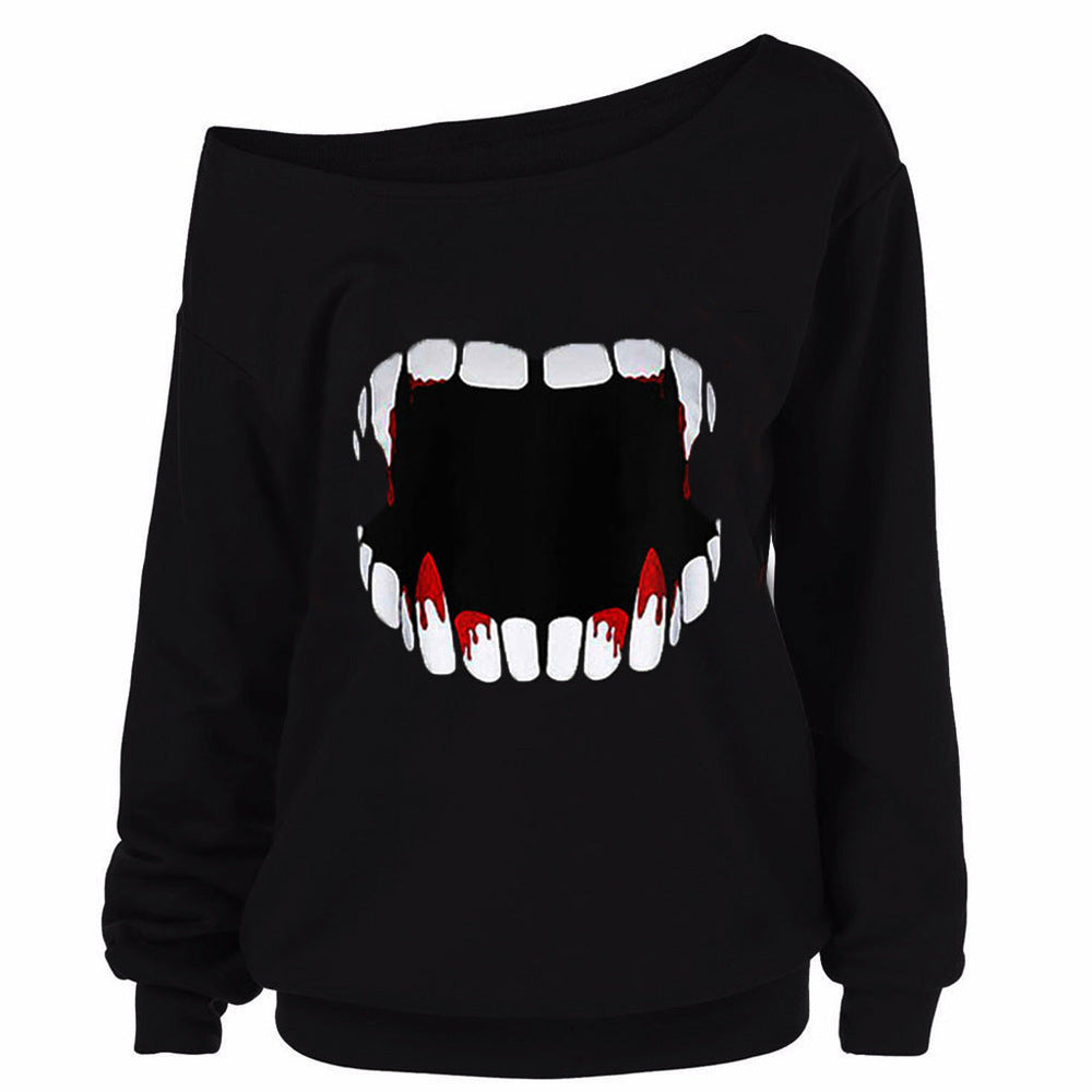 Halloween Print Long Sleeve Slanted Shoulder Top