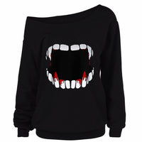 Halloween Print Long Sleeve Slanted Shoulder Top