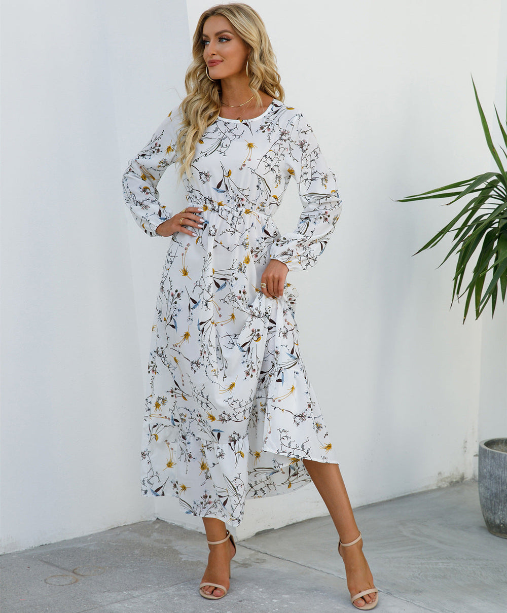 Womens Versatile Round-neck Floral Chiffon Dress
