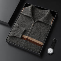 Mens High-Neck Ingot-Clasp Cardigan Sweater With Horizontal Stripes And Zipper Closure
