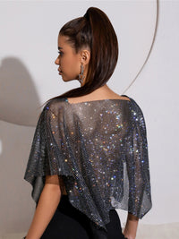 Women's Fashion Rhinestone Drop Shoulder Short Sleeve Square Collar T-shirt