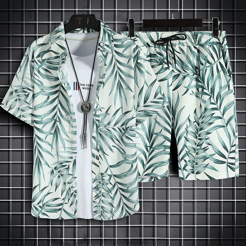 Mens Short-Sleeve Shirt And Casual Shorts Set