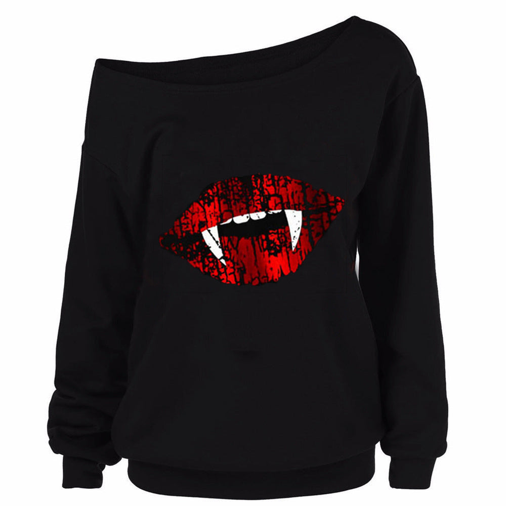 Halloween Print Long Sleeve Slanted Shoulder Top