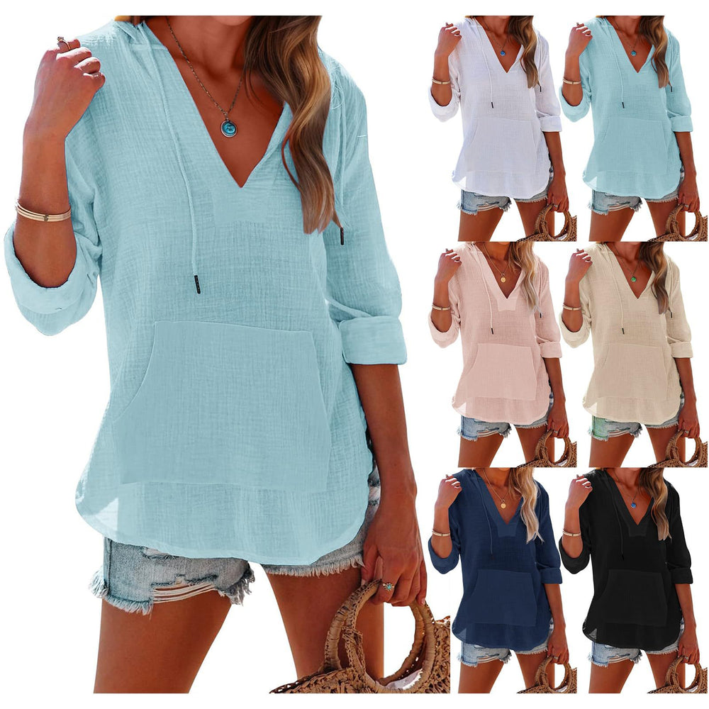 Women's V-Neck Hooded Long Sleeve Shirt