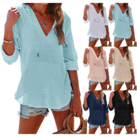 Women's V-Neck Hooded Long Sleeve Shirt
