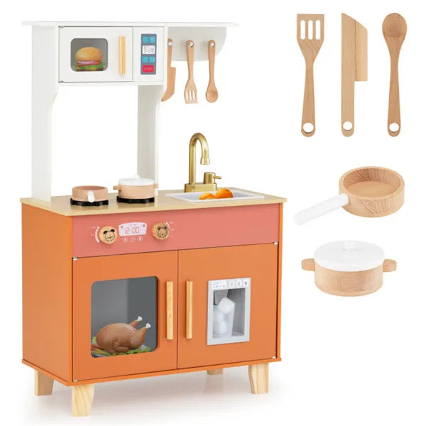 Orange Kids Play Kitchen With Realistic Faucet & Ice Dispenser, Anti-Tipping Pretend Cooking Set For Ages 3-6