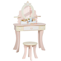 Kids Dressing Table, Girls Vanity Set With Mirror And Stool, 7 Play Accessories, Drawer, Desktop Storage, Pink