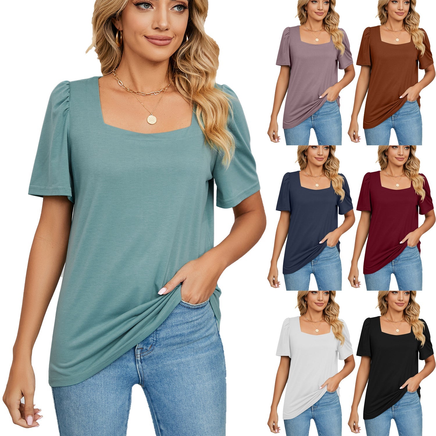 Solid-color Square-neck Short-sleeve Loose-fit T-shirt Knitted Top