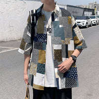 Hong Kong Style Japanese Irregular Plaid Shirt Short Sleeve Loose Jacket